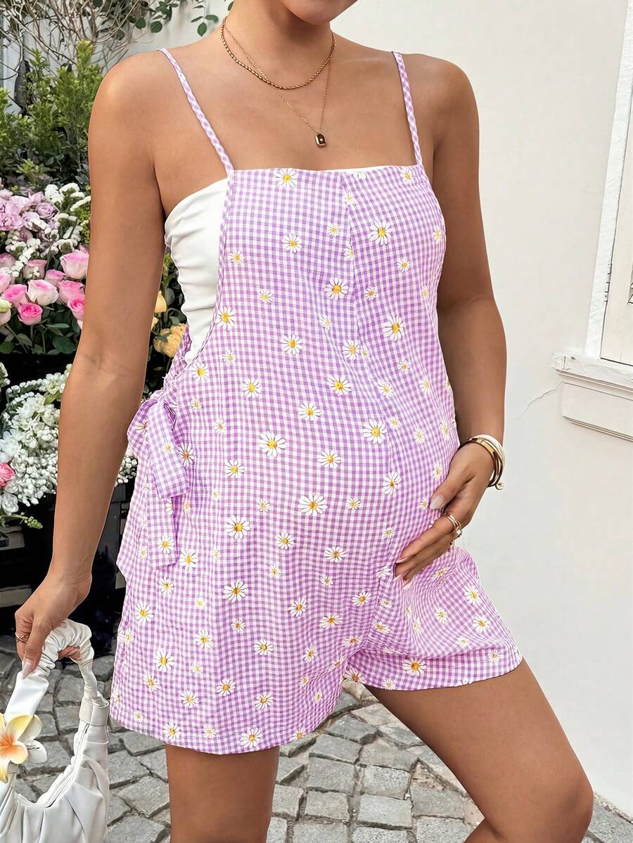 Dusty Pink Plaid Maternity Romper with Daisy Detail – Boho Spaghetti Strap Side Tie Summer Vacation Cami Jumpsuit for Pregnant Women