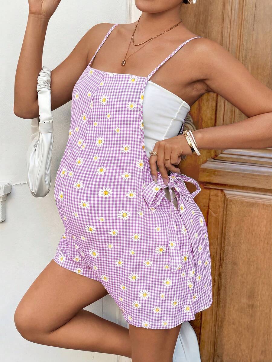 Mauve Purple Daisy Print Maternity Romper - Boho Spaghetti Strap Side Tie Maternity Jumper for Summer Vacation and Beach Outfits