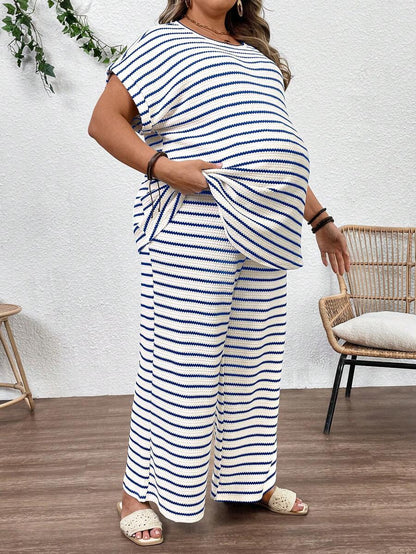 Plus Size Maternity Striped 2-Piece Set - Round Neck Tee & Wide Leg Pants, Skinny Fit, Apricot