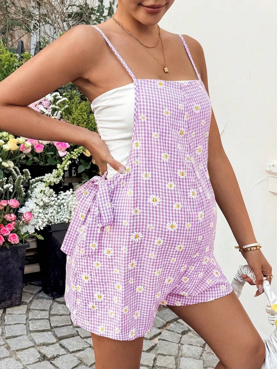 Mauve Purple Daisy Print Maternity Romper - Boho Spaghetti Strap Side Tie Maternity Jumper for Summer Vacation and Beach Outfits
