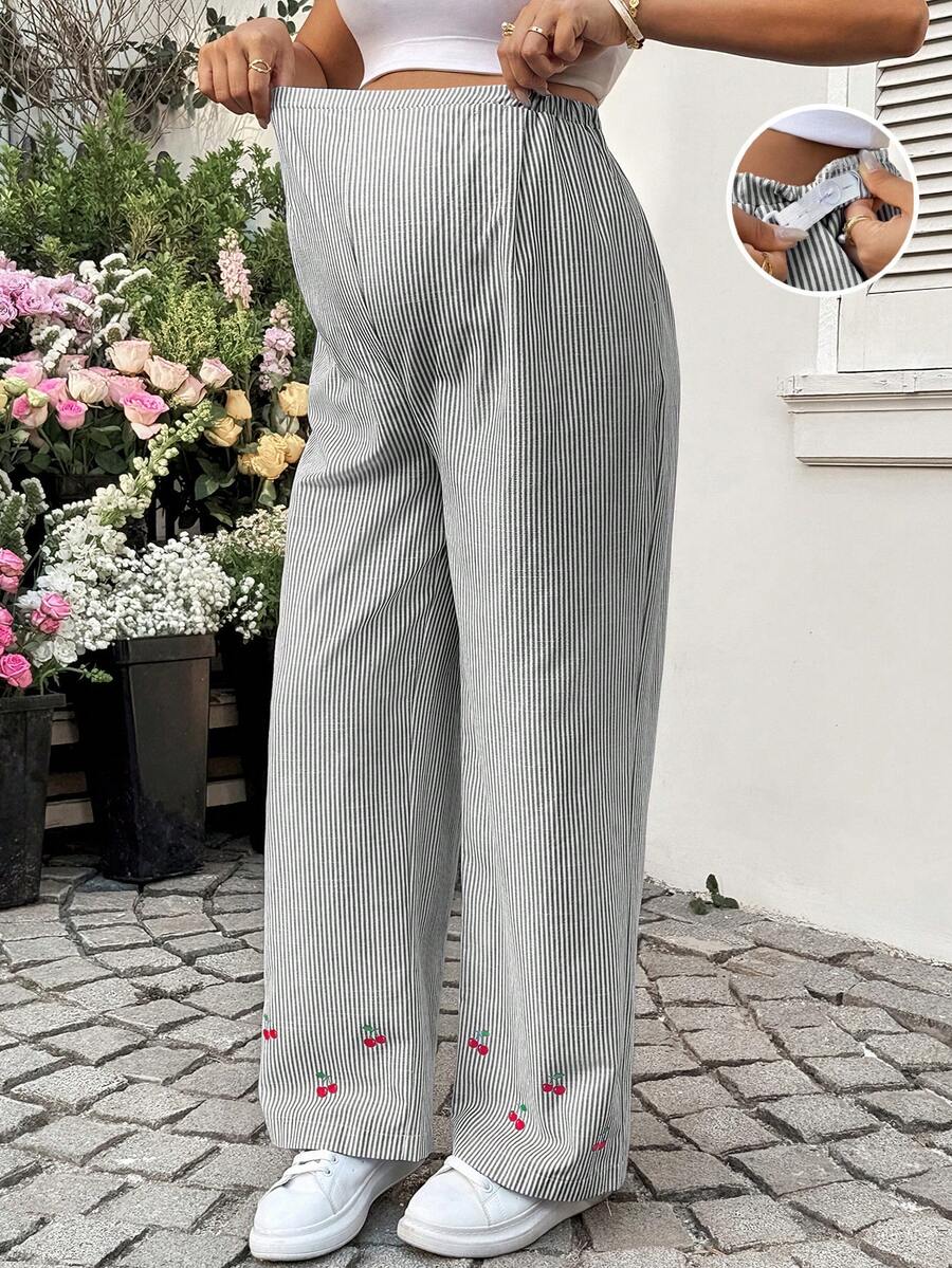 Striped Wide Leg Maternity Pants with Adjustable Drawstring Waist – Black and White Plant Print High Waist Cropped Loose Fit Beach Trousers