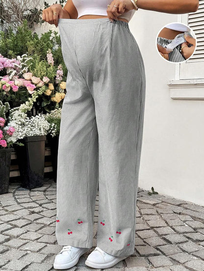 Striped Wide Leg Maternity Pants with Adjustable Drawstring Waist – Black and White Plant Print High Waist Cropped Loose Fit Beach Trousers