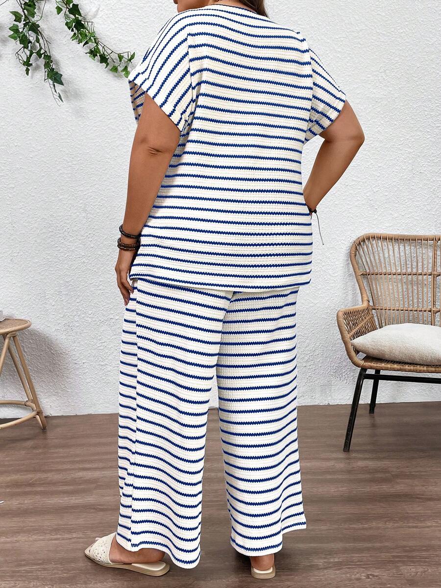 Plus Size Maternity Striped 2-Piece Set - Round Neck Tee & Wide Leg Pants, Skinny Fit, Apricot