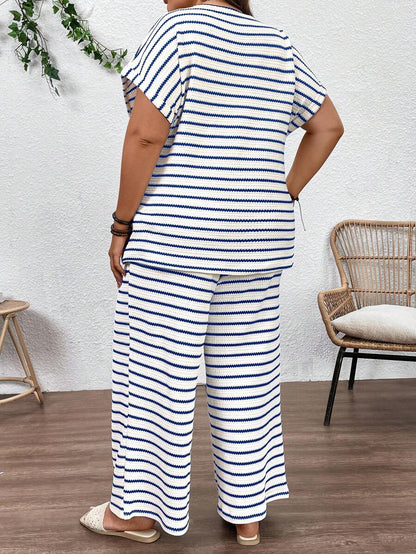 Plus Size Maternity Striped 2-Piece Set - Round Neck Tee & Wide Leg Pants, Skinny Fit, Apricot