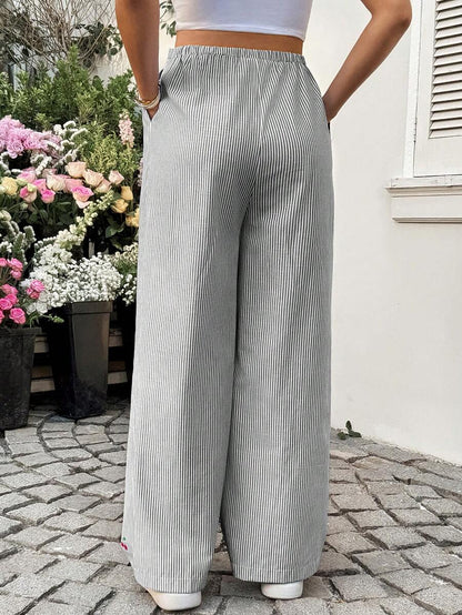 Striped Wide Leg Maternity Pants with Adjustable Drawstring Waist – Black and White Plant Print High Waist Cropped Loose Fit Beach Trousers