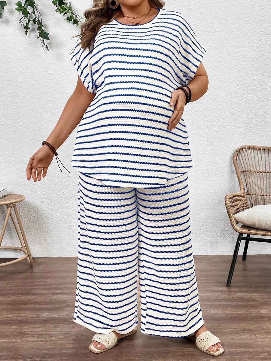 Plus Size Maternity Striped 2-Piece Set - Round Neck Tee & Wide Leg Pants, Skinny Fit, Apricot