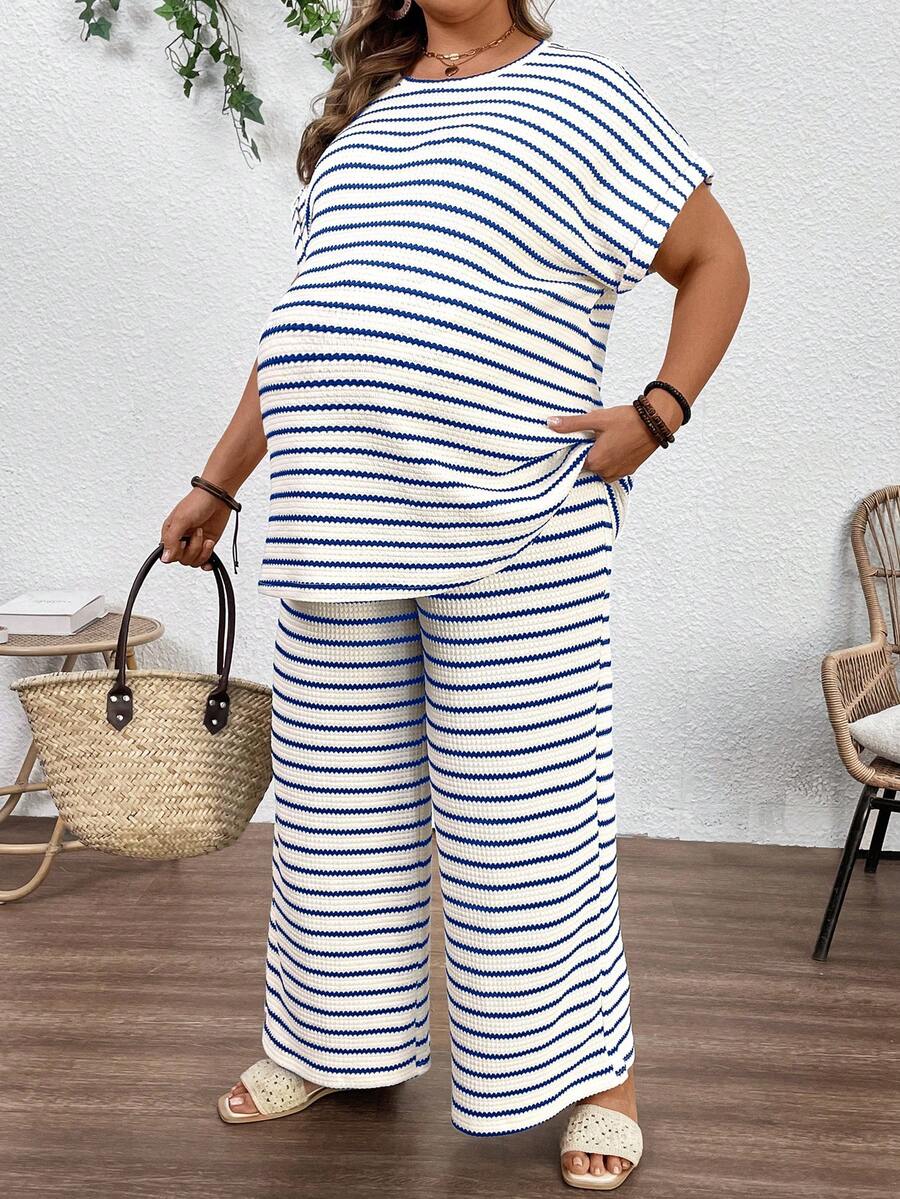 Plus Size Maternity Striped 2-Piece Set - Round Neck Tee & Wide Leg Pants, Skinny Fit, Apricot
