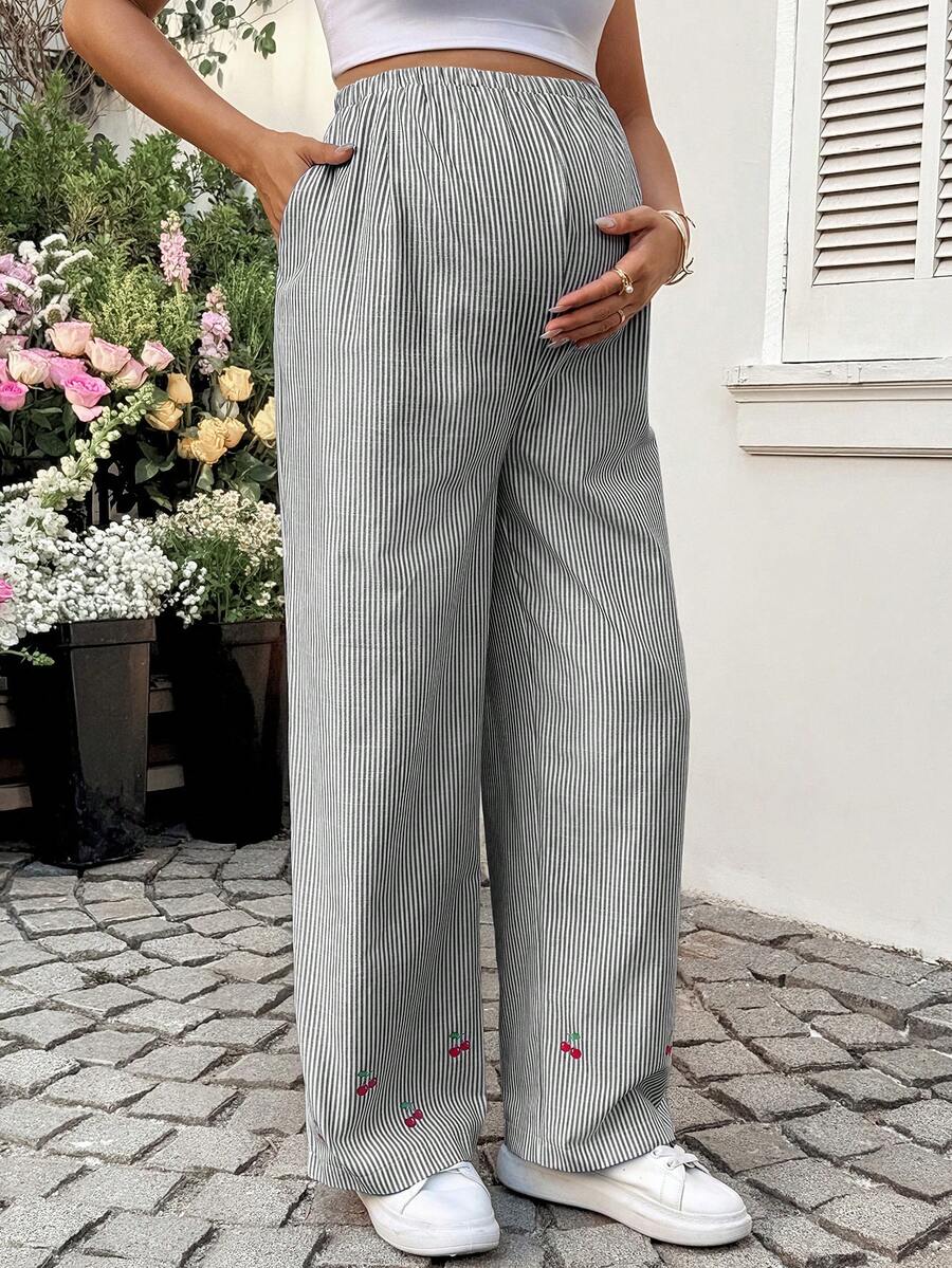 Striped Wide Leg Maternity Pants with Adjustable Drawstring Waist – Black and White Plant Print High Waist Cropped Loose Fit Beach Trousers