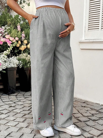 Striped Wide Leg Maternity Pants with Adjustable Drawstring Waist – Black and White Plant Print High Waist Cropped Loose Fit Beach Trousers