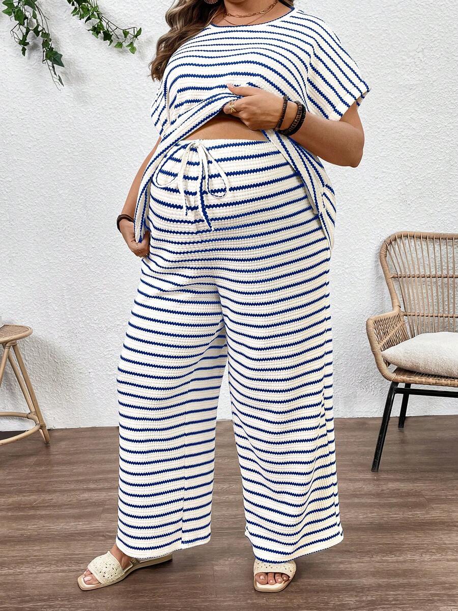 Plus Size Maternity Striped 2-Piece Set - Round Neck Tee & Wide Leg Pants, Skinny Fit, Apricot
