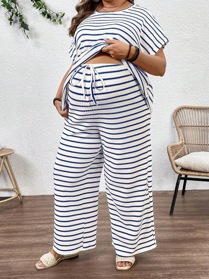 Plus Size Maternity Striped 2-Piece Set - Round Neck Tee & Wide Leg Pants, Skinny Fit, Apricot