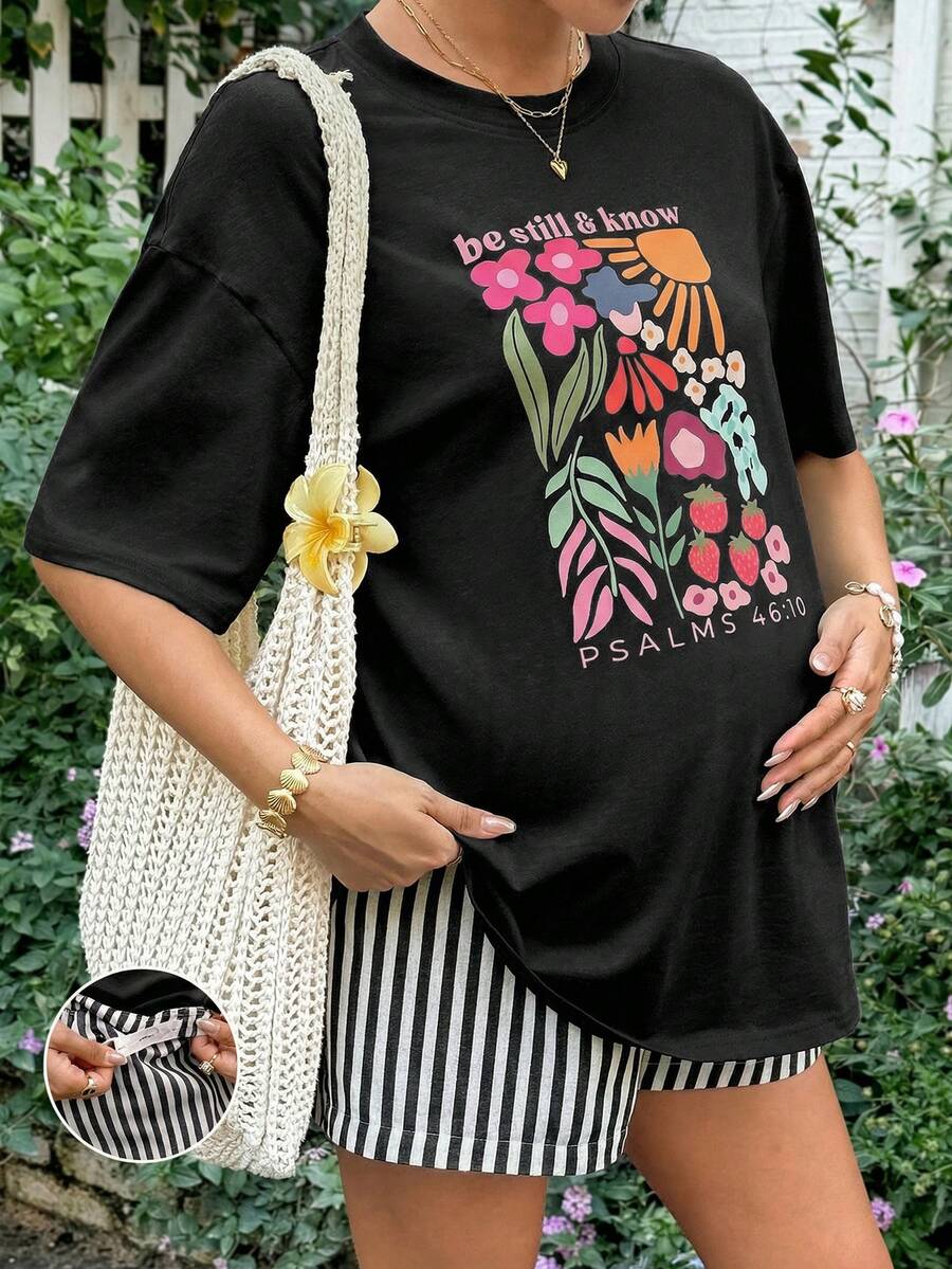 Maternity 2-Piece Summer Set Blue Letter Print Drop Shoulder T-Shirt and Striped Shorts Loose Fit Casual Beach Outfit