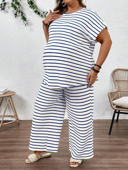 Plus Size Maternity Striped 2-Piece Set - Round Neck Tee & Wide Leg Pants, Skinny Fit, Apricot