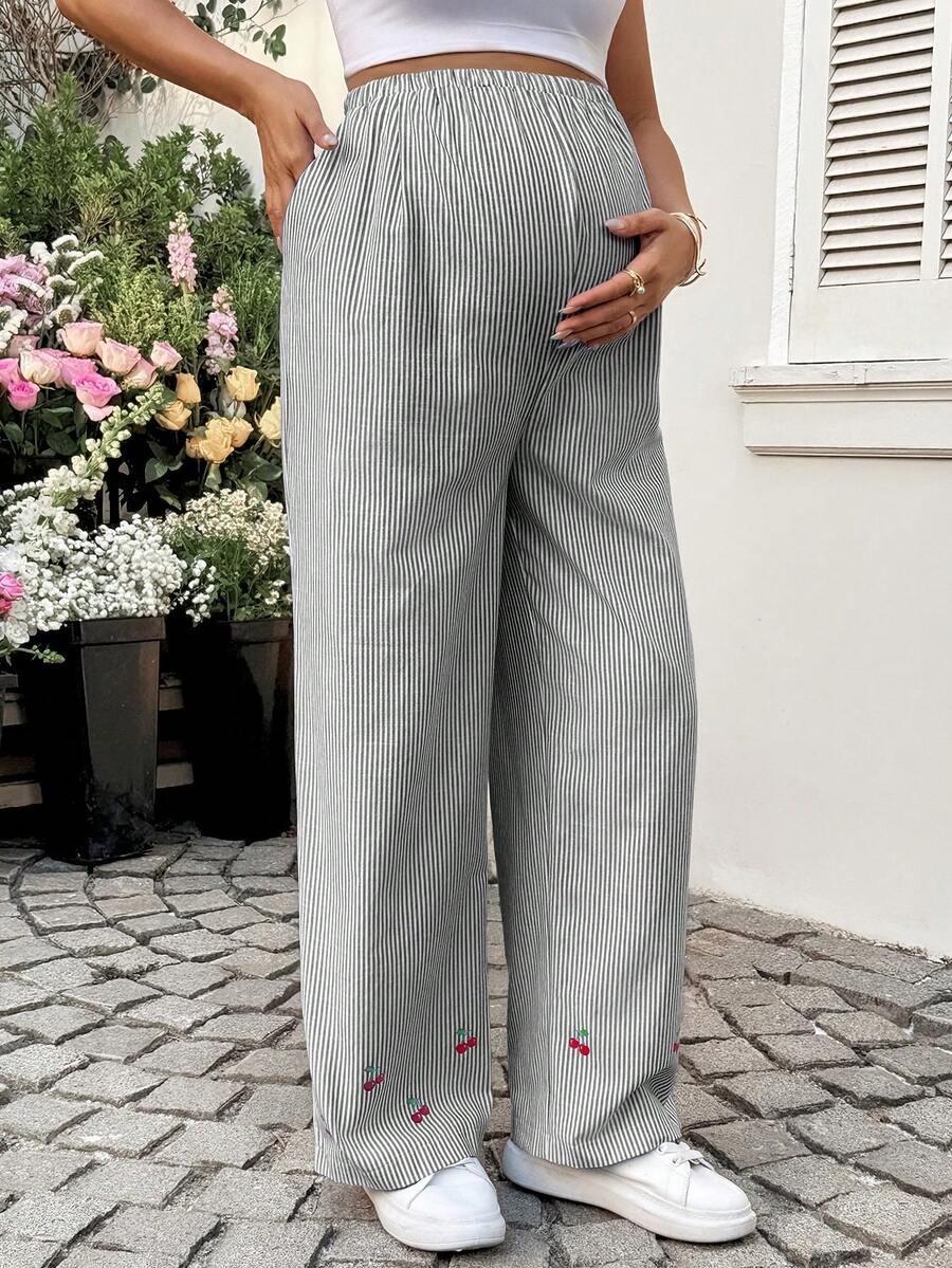 Striped Wide Leg Maternity Pants with Adjustable Drawstring Waist – Black and White Plant Print High Waist Cropped Loose Fit Beach Trousers