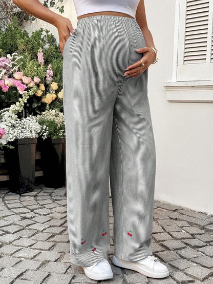 Striped Wide Leg Maternity Pants with Adjustable Drawstring Waist – Black and White Plant Print High Waist Cropped Loose Fit Beach Trousers