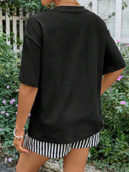 Maternity 2-Piece Summer Set Blue Letter Print Drop Shoulder T-Shirt and Striped Shorts Loose Fit Casual Beach Outfit