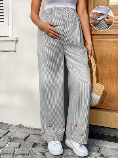 Striped Wide Leg Maternity Pants with Adjustable Drawstring Waist – Black and White Plant Print High Waist Cropped Loose Fit Beach Trousers