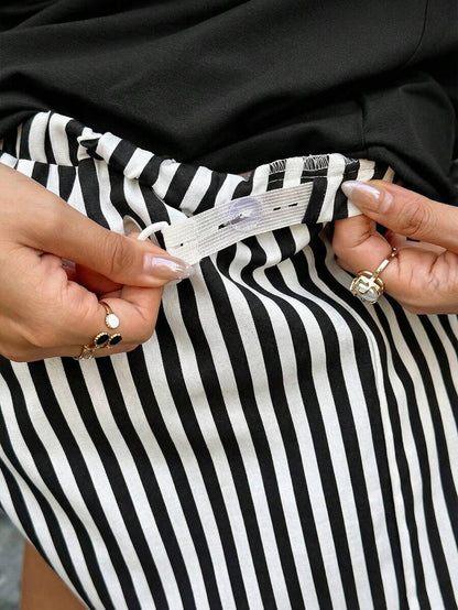 Maternity 2-Piece Summer Set Blue Letter Print Drop Shoulder T-Shirt and Striped Shorts Loose Fit Casual Beach Outfit