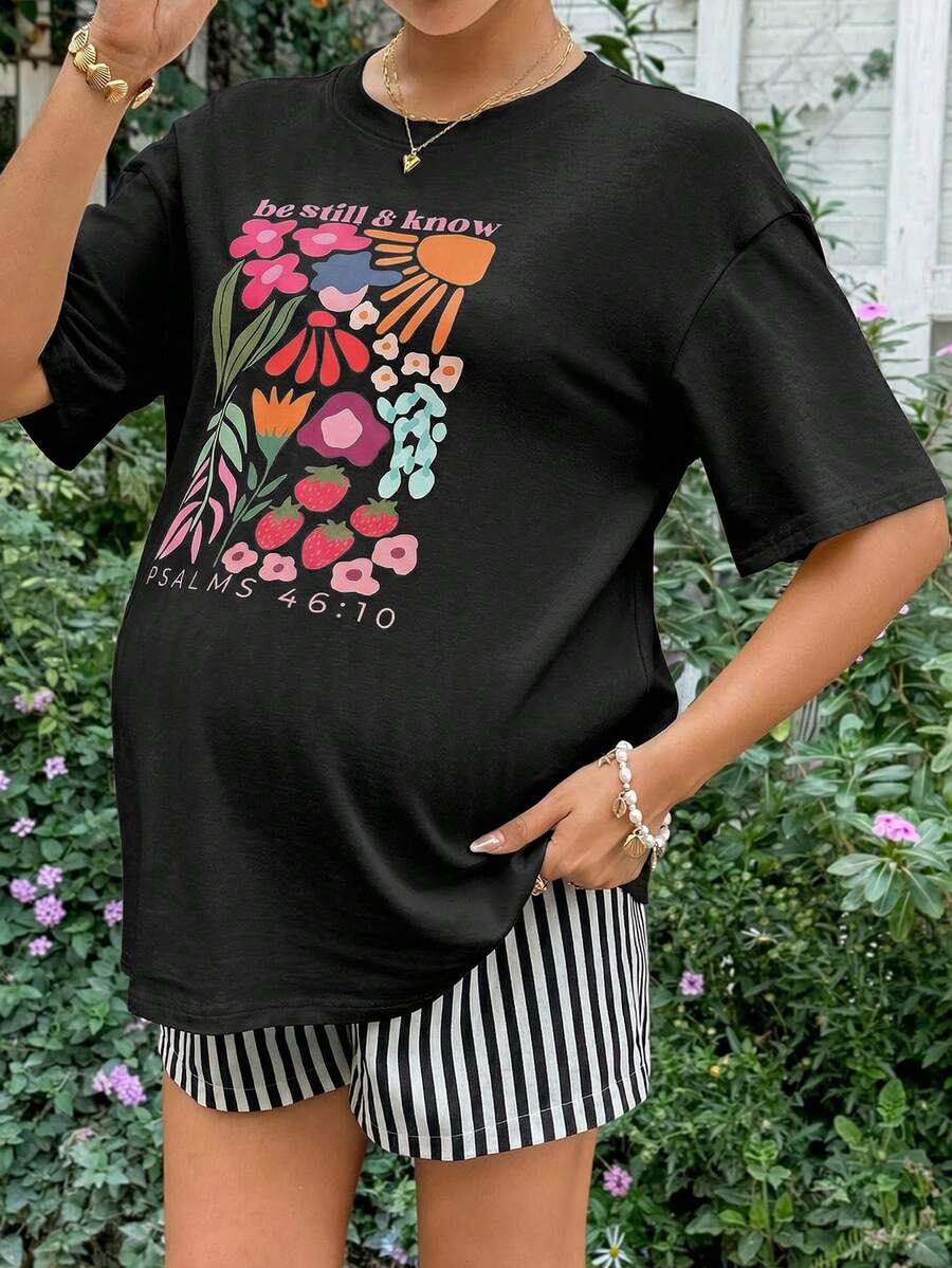 Maternity 2-Piece Summer Set Blue Letter Print Drop Shoulder T-Shirt and Striped Shorts Loose Fit Casual Beach Outfit