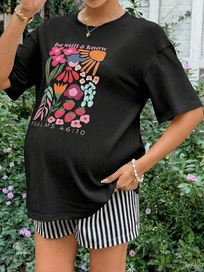 Maternity 2-Piece Summer Set Blue Letter Print Drop Shoulder T-Shirt and Striped Shorts Loose Fit Casual Beach Outfit