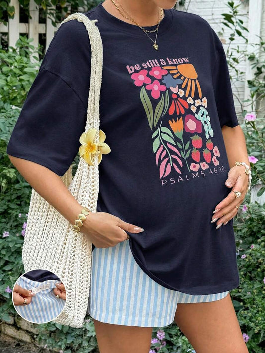 Maternity 2-Piece Summer Set Blue Letter Print Drop Shoulder T-Shirt and Striped Shorts Loose Fit Casual Beach Outfit