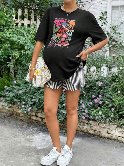 Maternity 2-Piece Summer Set Blue Letter Print Drop Shoulder T-Shirt and Striped Shorts Loose Fit Casual Beach Outfit