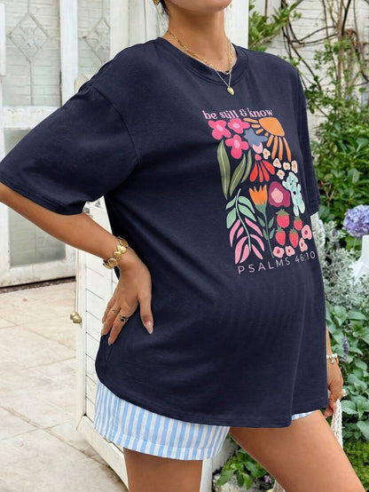 Maternity 2-Piece Summer Set Blue Letter Print Drop Shoulder T-Shirt and Striped Shorts Loose Fit Casual Beach Outfit