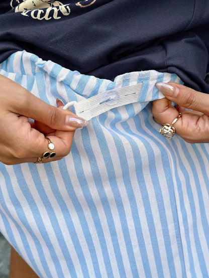 Maternity 2-Piece Summer Set Blue Letter Print Drop Shoulder T-Shirt and Striped Shorts Loose Fit Casual Beach Outfit