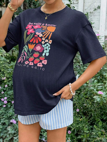 Maternity 2-Piece Summer Set Blue Letter Print Drop Shoulder T-Shirt and Striped Shorts Loose Fit Casual Beach Outfit