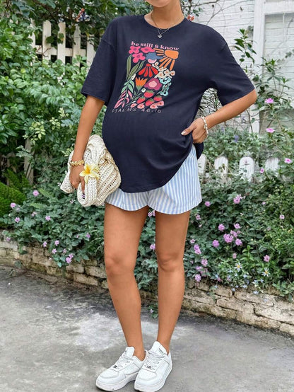 Maternity 2-Piece Summer Set Blue Letter Print Drop Shoulder T-Shirt and Striped Shorts Loose Fit Casual Beach Outfit