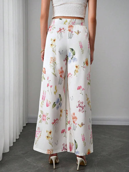 Maternity Floral Wide Leg Pants - Tie Waist, Ultra High Waist, Boho, Multicolor