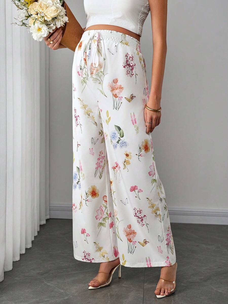 Maternity Floral Wide Leg Pants - Tie Waist, Ultra High Waist, Boho, Multicolor