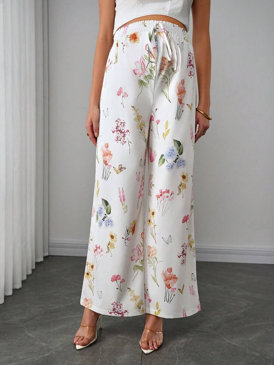 Maternity Floral Wide Leg Pants - Tie Waist, Ultra High Waist, Boho, Multicolor
