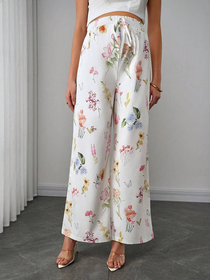 Maternity Floral Wide Leg Pants - Tie Waist, Ultra High Waist, Boho, Multicolor