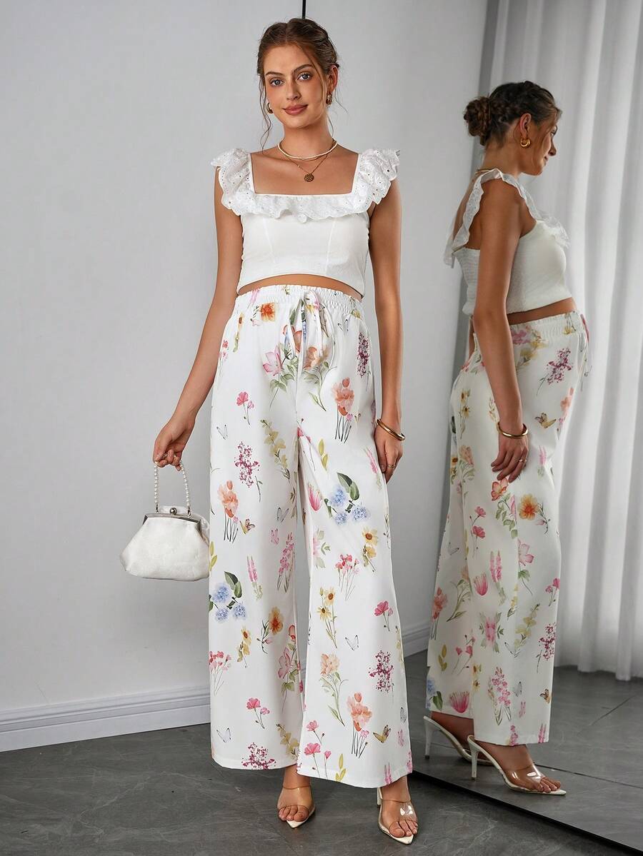 Maternity Floral Wide Leg Pants - Tie Waist, Ultra High Waist, Boho, Multicolor