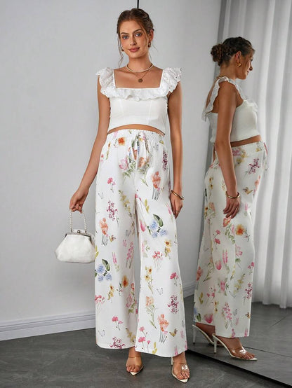 Maternity Floral Wide Leg Pants - Tie Waist, Ultra High Waist, Boho, Multicolor
