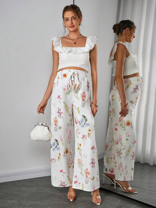 Maternity Floral Wide Leg Pants - Tie Waist, Ultra High Waist, Boho, Multicolor