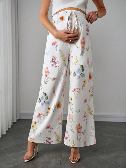Maternity Floral Wide Leg Pants - Tie Waist, Ultra High Waist, Boho, Multicolor