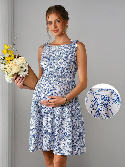 Blue Floral Maternity Mini Dress with Boat Neck and Shirred Detail – Boho Sleeveless High Waist A-Line Summer Maternity Sundress