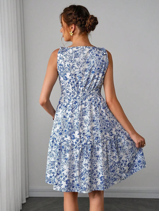 Blue Floral Maternity Mini Dress with Boat Neck and Shirred Detail – Boho Sleeveless High Waist A-Line Summer Maternity Sundress