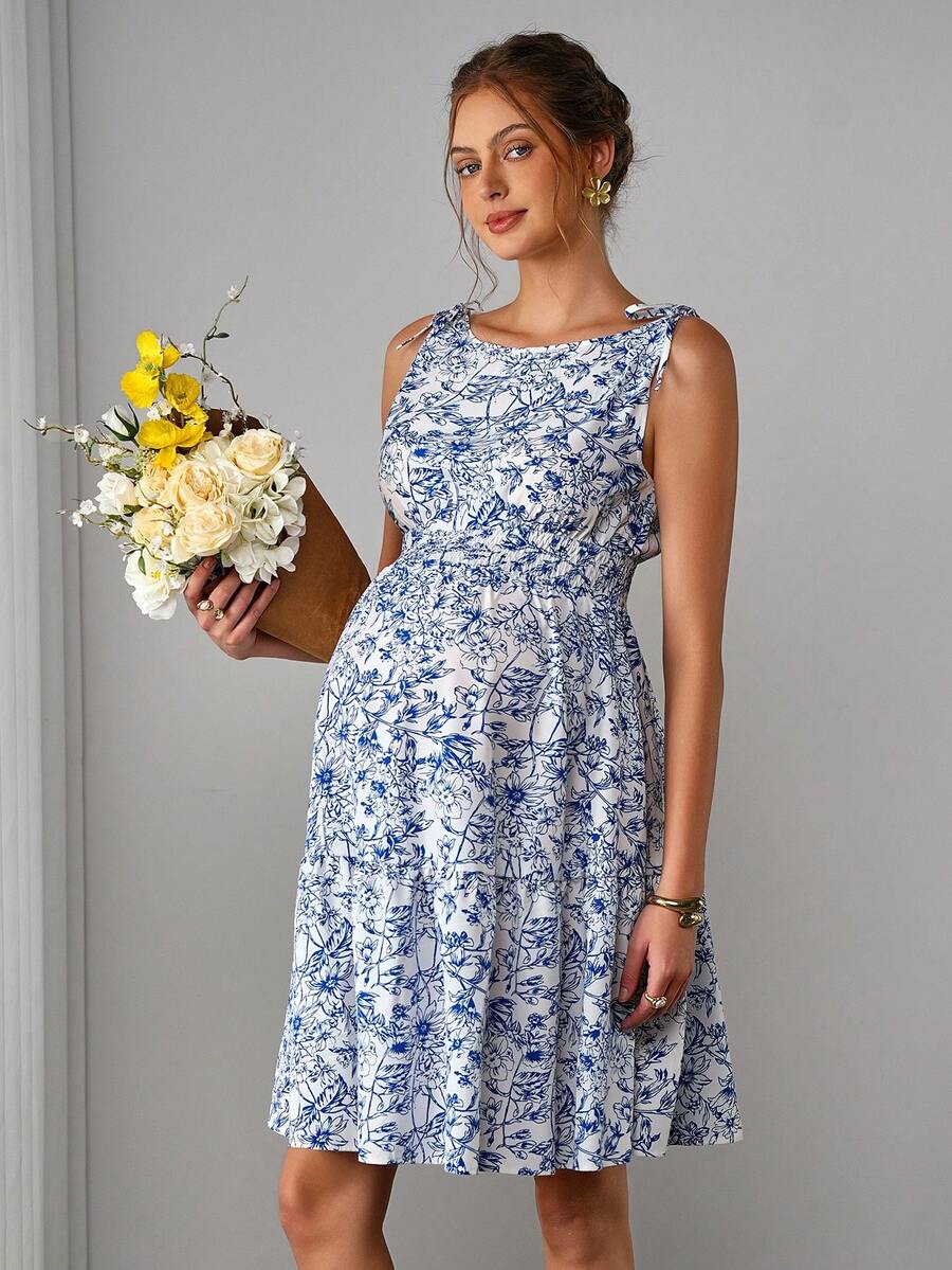 Blue Floral Maternity Mini Dress with Boat Neck and Shirred Detail – Boho Sleeveless High Waist A-Line Summer Maternity Sundress