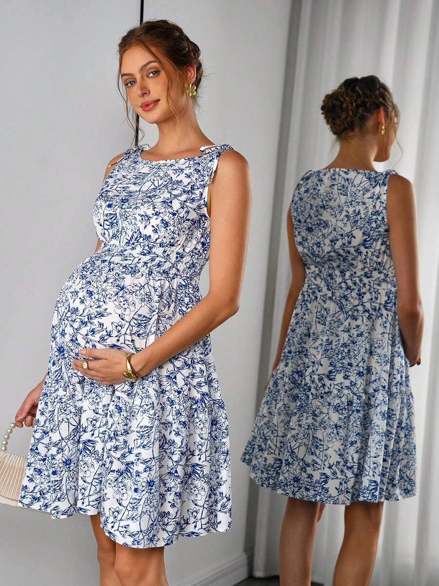 Blue Floral Maternity Mini Dress with Boat Neck and Shirred Detail – Boho Sleeveless High Waist A-Line Summer Maternity Sundress