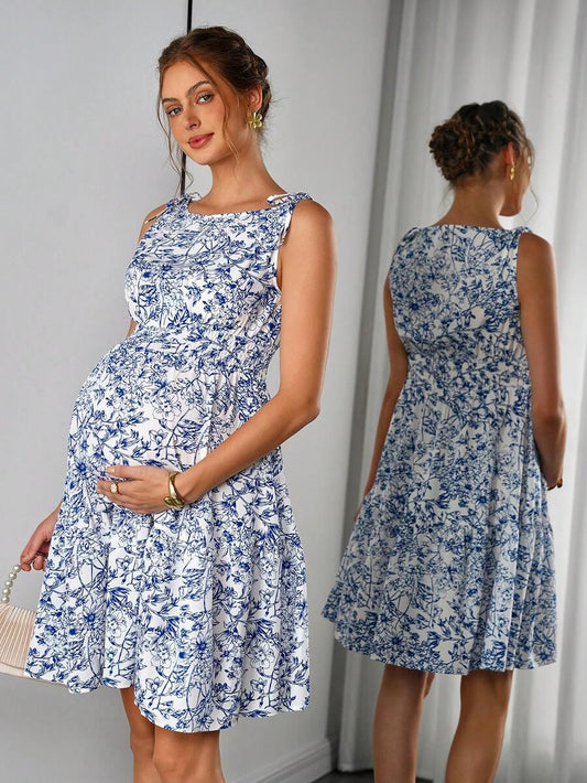 Blue Floral Maternity Mini Dress with Boat Neck and Shirred Detail – Boho Sleeveless High Waist A-Line Summer Maternity Sundress