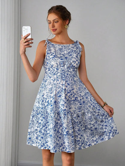 Blue Floral Maternity Mini Dress with Boat Neck and Shirred Detail – Boho Sleeveless High Waist A-Line Summer Maternity Sundress