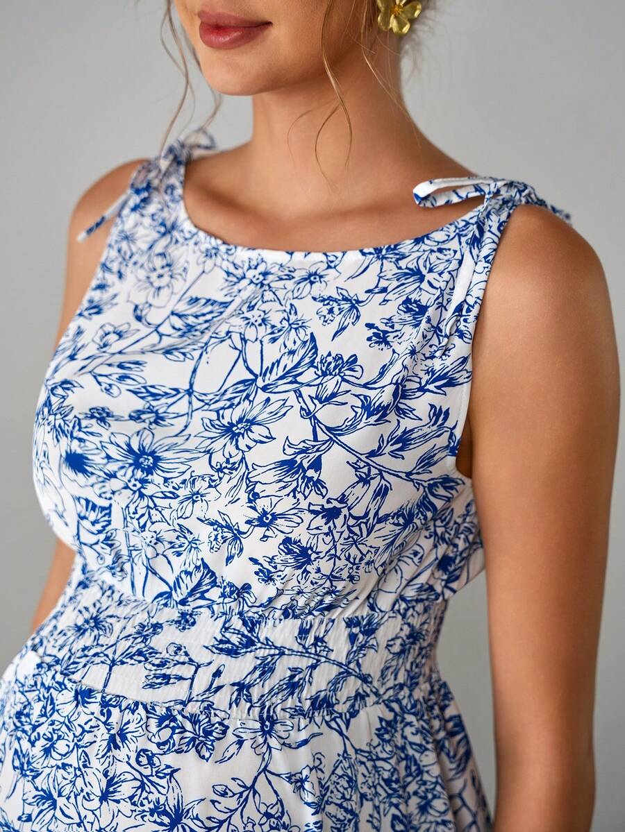 Blue Floral Maternity Mini Dress with Boat Neck and Shirred Detail – Boho Sleeveless High Waist A-Line Summer Maternity Sundress