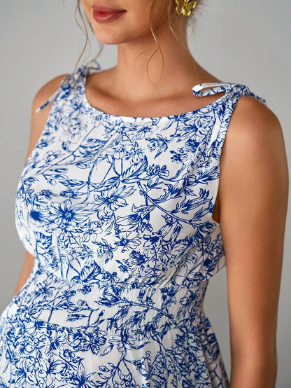 Blue Floral Maternity Mini Dress with Boat Neck and Shirred Detail – Boho Sleeveless High Waist A-Line Summer Maternity Sundress
