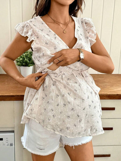 Multicolor Floral V-Neck Maternity Peplum Top with Flounce Sleeves and Flared Hem – Slim Fit Boho Beach Summer Outfit for Women