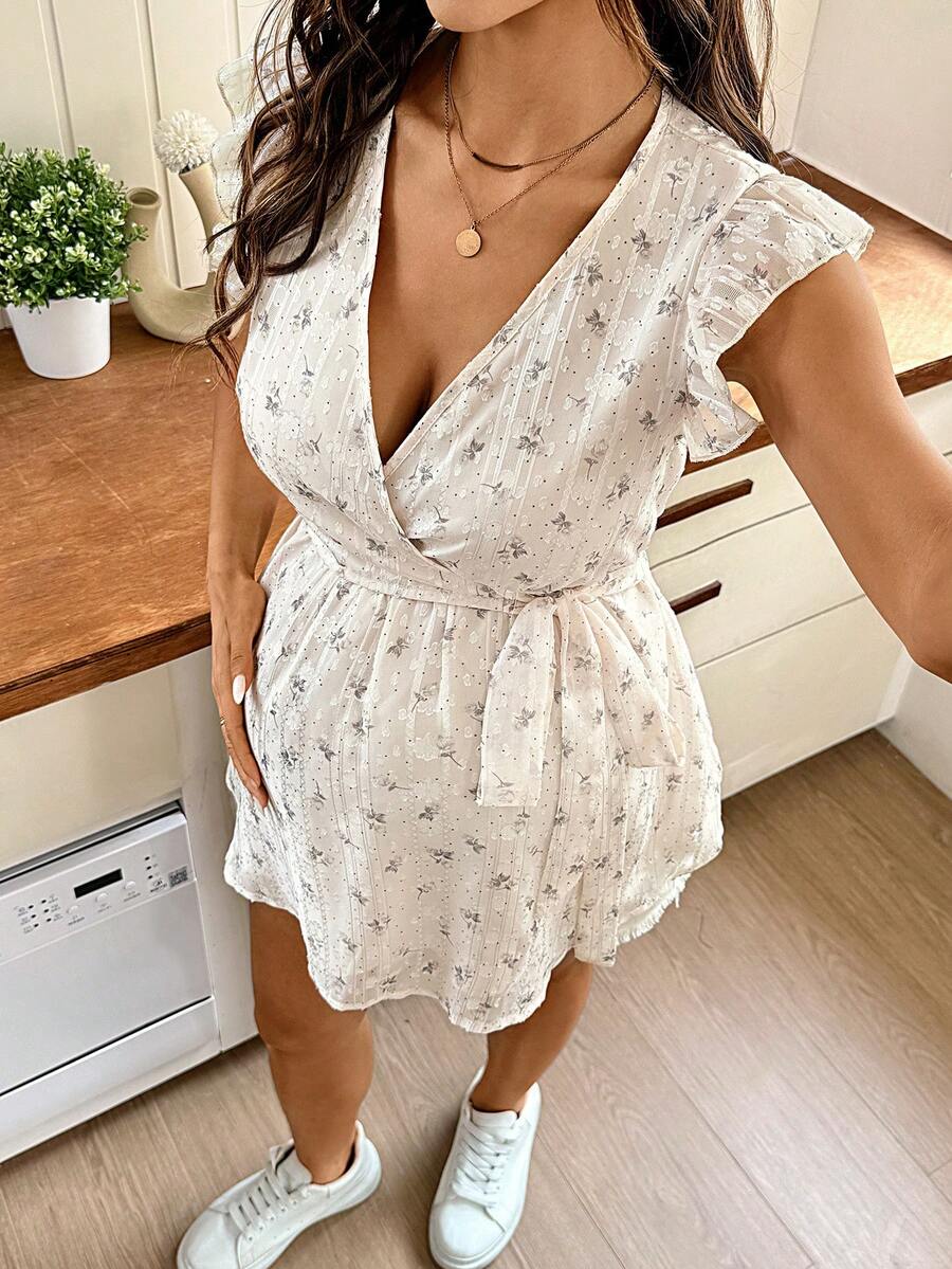 Multicolor Floral V-Neck Maternity Peplum Top with Flounce Sleeves and Flared Hem – Slim Fit Boho Beach Summer Outfit for Women