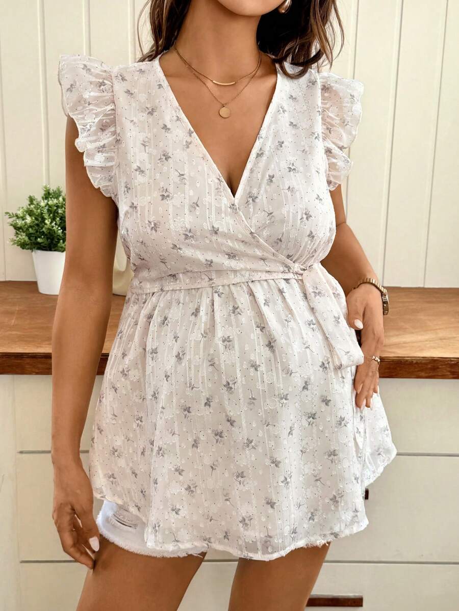 Multicolor Floral V-Neck Maternity Peplum Top with Flounce Sleeves and Flared Hem – Slim Fit Boho Beach Summer Outfit for Women