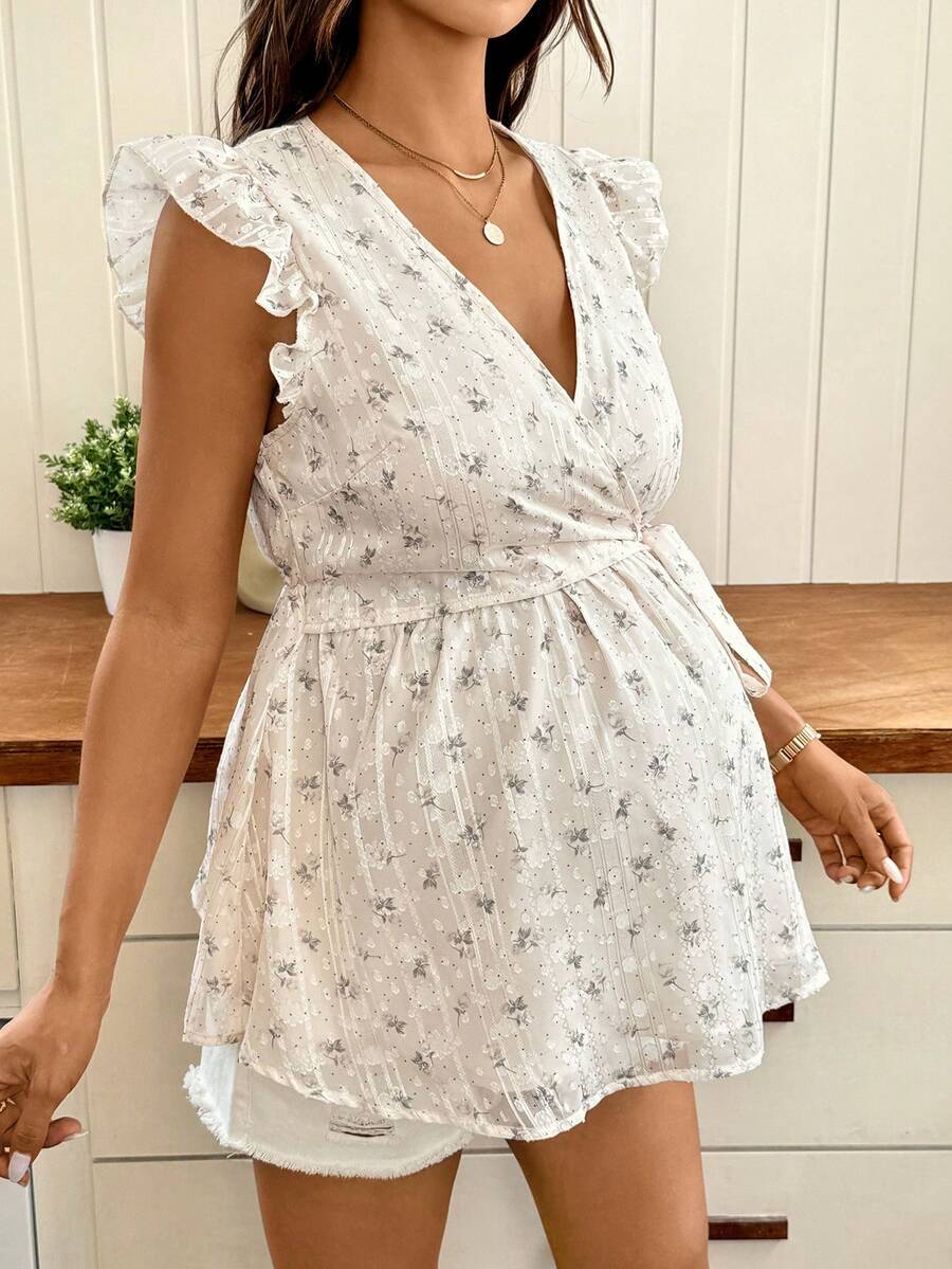Multicolor Floral V-Neck Maternity Peplum Top with Flounce Sleeves and Flared Hem – Slim Fit Boho Beach Summer Outfit for Women